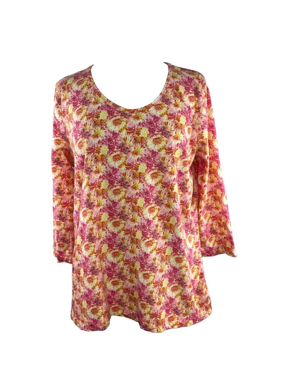 Talbots Sz 1X Floral Print Fuchsia and Yellow Top 100% Cotton Knit Shirt 3/4 Sl